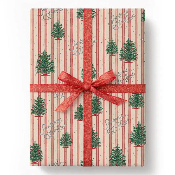 A rectangular gift box wrapped in festive holiday paper with red vertical stripes, green Christmas trees, and cursive 'Santa's Coming' writing, tied with a red glitter ribbon and bow on a white background.