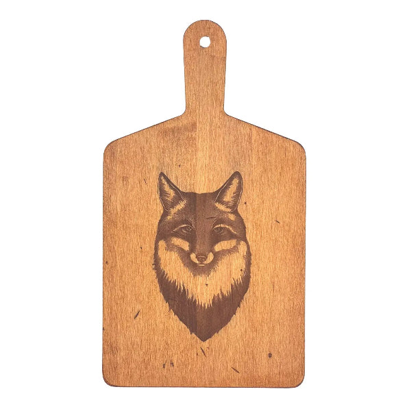 A rectangular wooden cutting board with a rounded handle and a hanging hole, featuring a dark brown engraved fox head design in the center, shown against a plain white background.