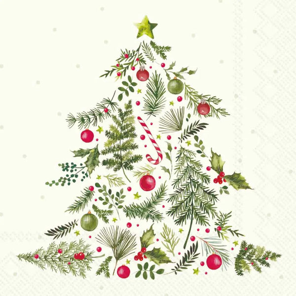 A festive Christmas tree illustration made from illustrated green pine branches, holly leaves, red berries, ornaments, candy canes, and a gold star, centered on a light cream background with subtle paper texture.