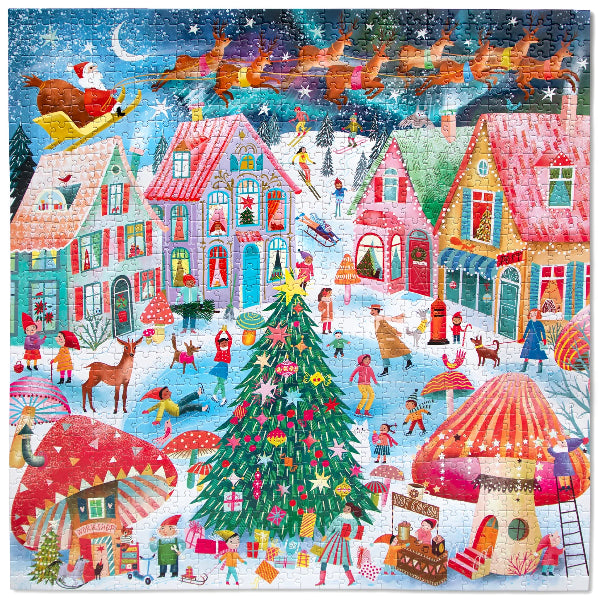Colorful Christmas village scene with Santa, reindeer, and festive houses.