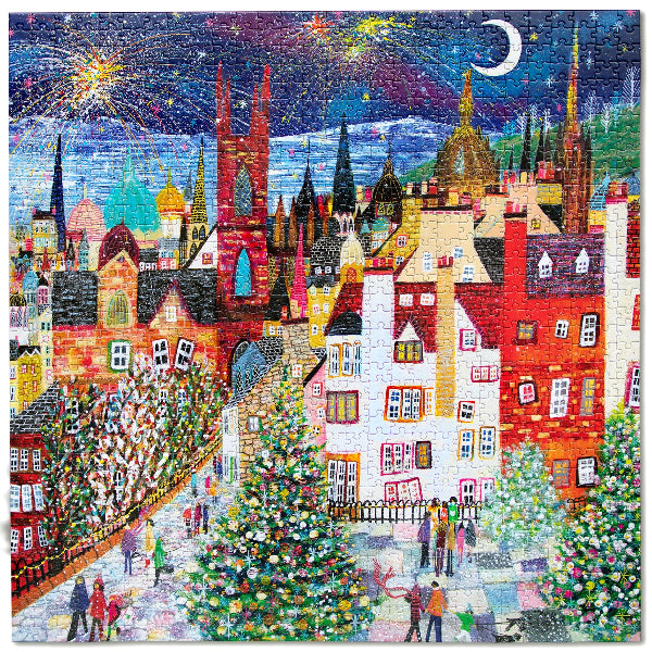 Colorful illustration of a festive town square with Christmas trees and people.