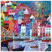 Colorful mosaic of a town with boats and a bridge