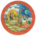 A round wooden pegboard game board featuring a colorful folk-art landscape scene with a sun, moon, stars, trees, fields, and a small house, surrounded by a rust-orange border with peg holes.