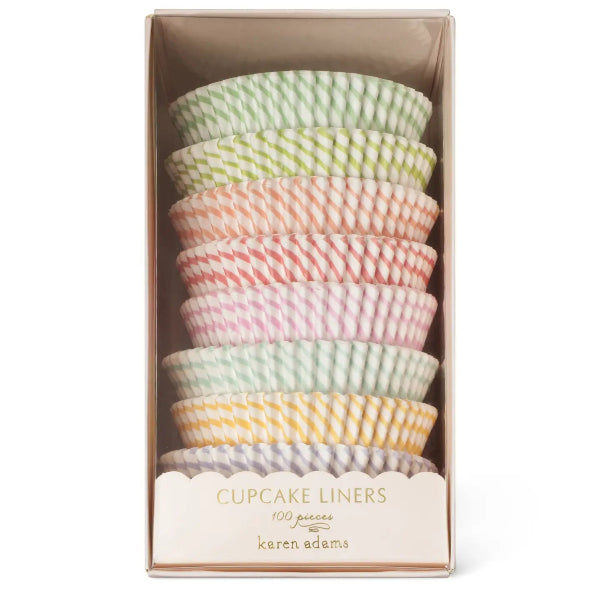 Set of pastel patterned cupcake liners in a box with 'Karen Adams' branding.