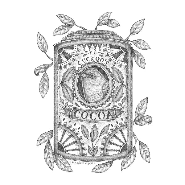 A black and white hand-drawn illustration of a vintage-style cocoa can label, featuring a bird in the center, the words 'The Cuckoo's Cocoa,' decorative leaves, and ornate scrollwork on a plain white background.