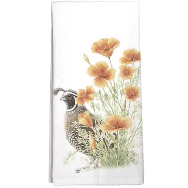 A white kitchen towel featuring a printed illustration of a brown and black quail among orange wildflowers and green foliage, shown against a plain white background.