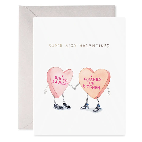 Valentine's Day card with cartoon hearts saying 'I did the laundry' and 'I cleaned the kitchen'.