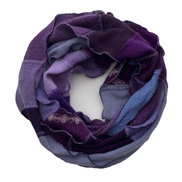 Multicolored scarf with purple and blue tones on a white background