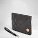 Black quilted clutch bag with a strap on a white background