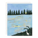 A wedding greeting card featuring a painted lakeside scene with pine trees, a small rowboat, and a white bird in the foreground. White text on the card reads, 'I CAN'T WAIT TO SEE YOUR ADVENTURE UNFOLD!' and 'HAPPY WEDDING DAY.
