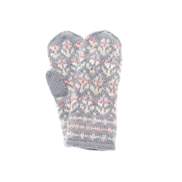 Pair of gray knitted mittens with floral pattern on a white background