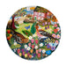 Colorful round artwork with birds, flowers, and a house in a garden setting.