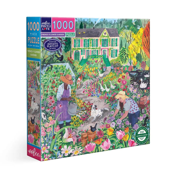 Jigsaw puzzle box with a colorful design of a garden scene and people working in a garden.