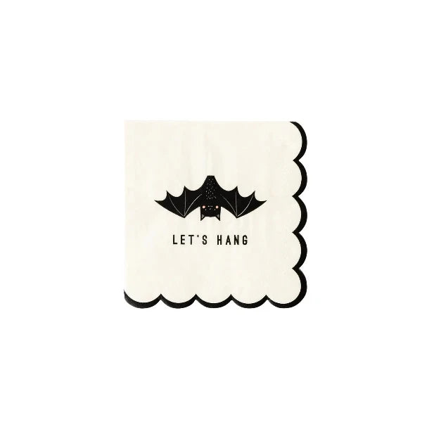 White napkin with black bat design and 'Let's Hang' text on a white background