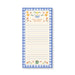 A vertical lined notepad with a blue-and-white gingham border and cute floral illustrations. The top section reads “DON’T FORGET THE MILK” above several lines of writing space, with small tea cup and flower drawings at the top and bottom.