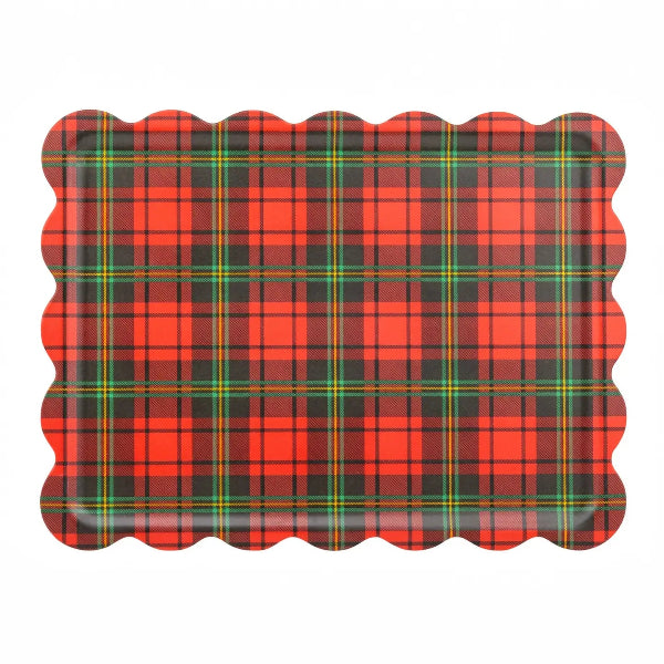 A rectangular tray with scalloped edges, featuring a red and black tartan plaid pattern with thin yellow and green accent lines, shown on a plain white background.