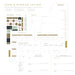 A collage of planner and calendar page designs in a clean, minimalist layout. The pages feature gold, white, and soft pastel accents, with sections for a monthly calendar, daily log, weekly overview, travel notes, stickers, and a schedule.