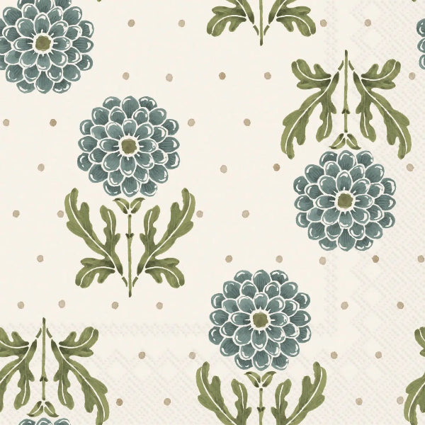 Pattern of blue flowers and green leaves on a beige background with small dots.