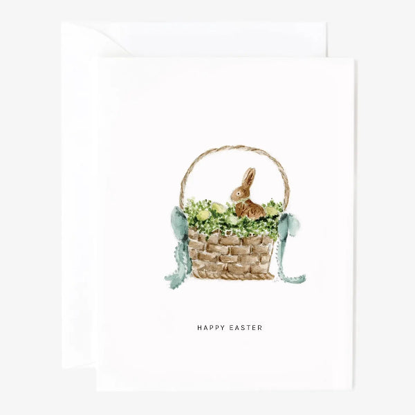 Easter card with a basket and bunny on a white background