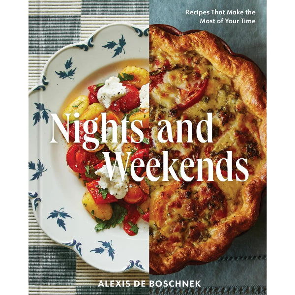 Book cover of 'Nights and Weekends' with images of food and text about recipes.