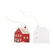 A Christmas house-shaped gift tag set on a white background, showing the decorated front with a red house and 'Happy Holidays' script, and the blank back with 'TO:' and 'FROM:' fields.