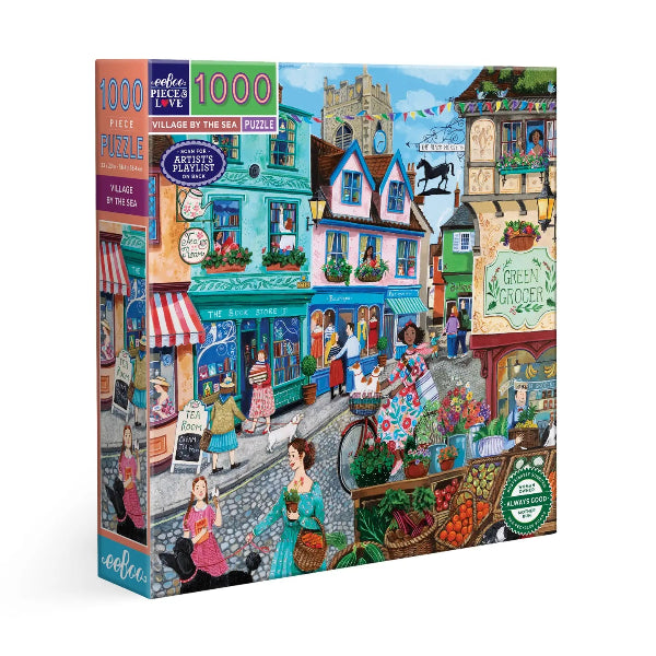 Jigsaw puzzle box featuring a colorful village scene with shops and people.