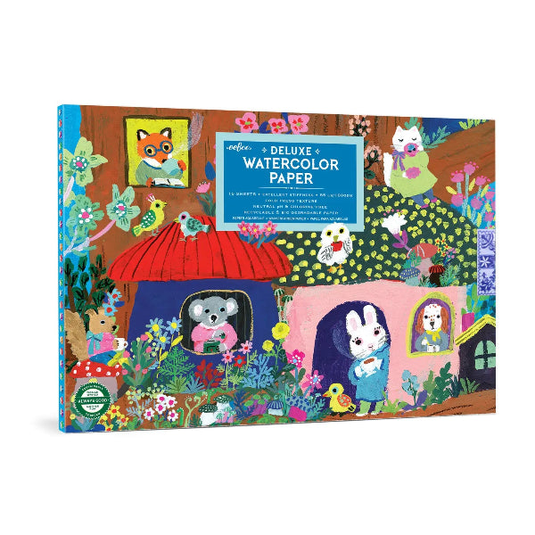 Packaging of Deluxe Watercolor Paper with colorful illustrations of animals and nature.