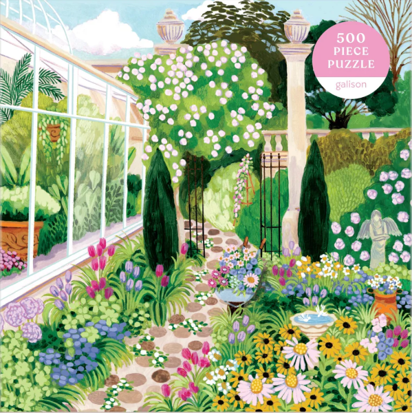 Garden scene with flowers and a greenhouse, featuring a 500-piece puzzle.