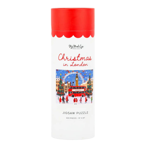 A cylindrical white puzzle box with a bright red lid and a colorful winter London illustration on the front. The text reads 'MyMatsGo', 'Christmas in London', and 'Jigsaw Puzzle'.