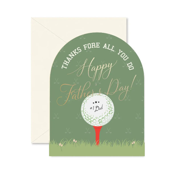 Father's Day card with golf ball and tee design on a green background