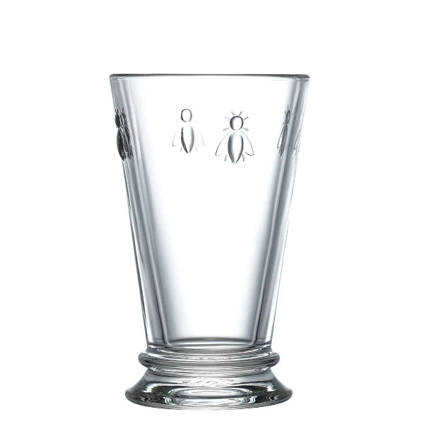 Clear glass with bee design on a white background