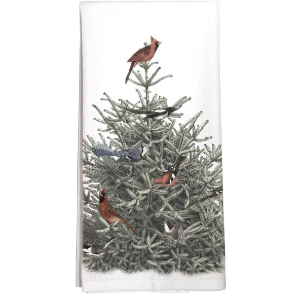 A white kitchen towel featuring a printed design of various birds perched on a green pine tree, shown against a plain white background.