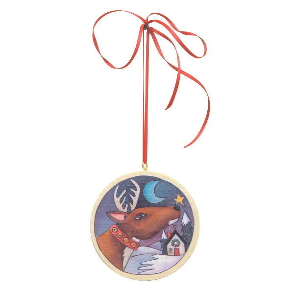 Decorative hanging ornament with a deer illustration on a white background