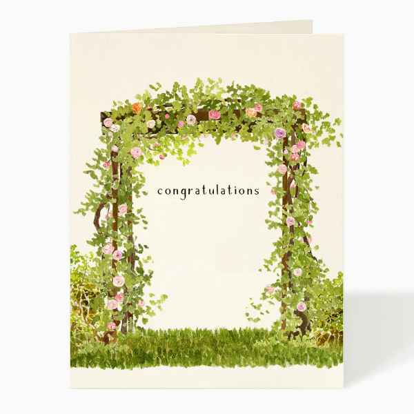 Greeting card with floral arch design and 'congratulations' text on a beige background