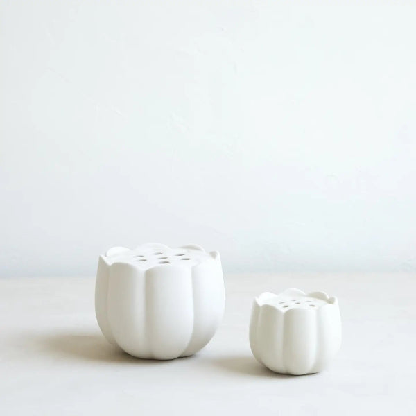 Two white ceramic planters on a light gray background