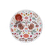 Round placemat with autumn-themed design featuring turkeys, pumpkins, and leaves on a white background.