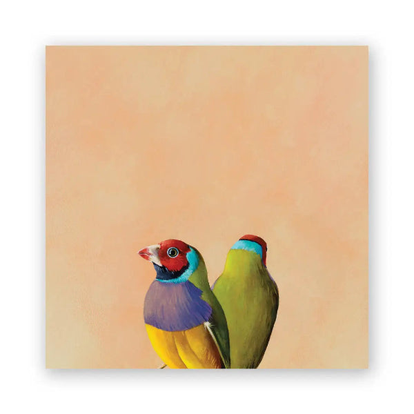 A square art print featuring two colorful birds perched at the bottom against a warm peach background, shown with a subtle drop shadow on a white surface.