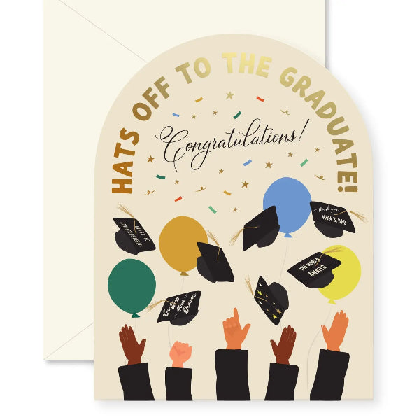Graduation-themed card with balloons and caps on a beige background