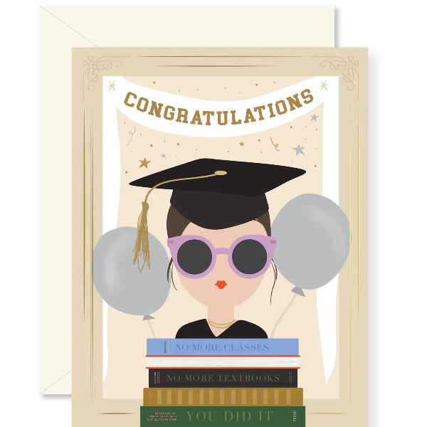 Graduation-themed card with a person in a cap and gown, books, and balloons on a beige background.