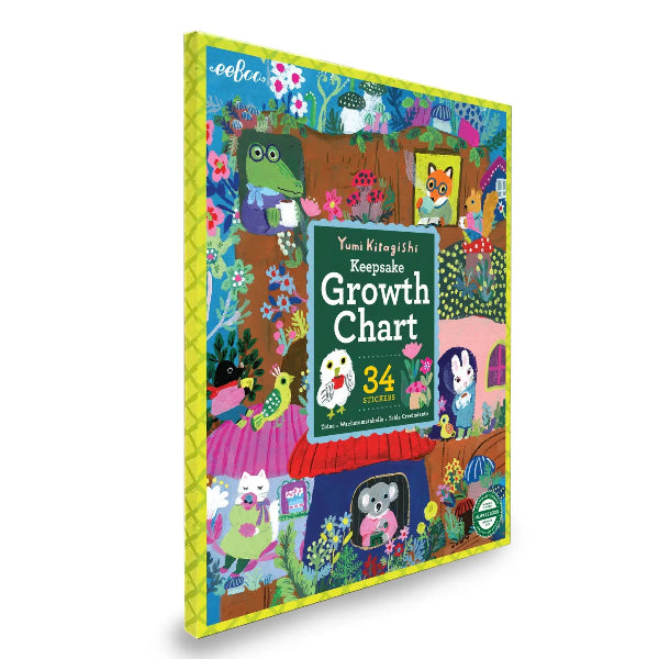 A children's growth chart book by Yumi Kitagishi Kearsake, featuring a colorful illustrated cover with whimsical animal and house scenes, shown at an angle on a white background.
