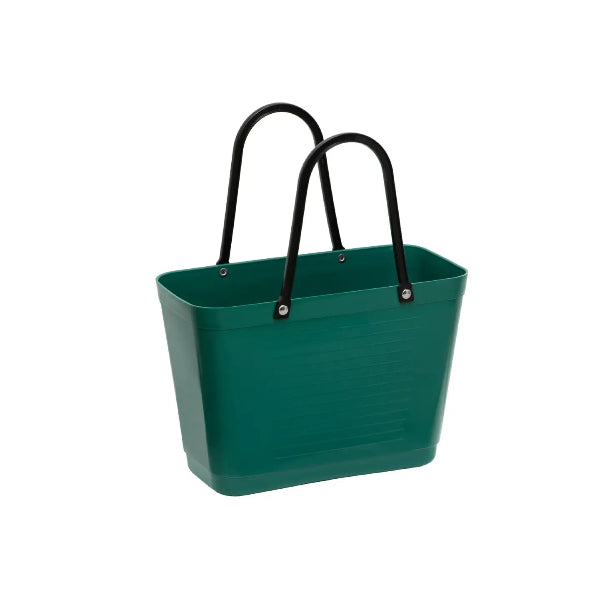 Green tote bag with black handles on a white background