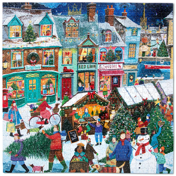 Colorful Christmas-themed puzzle with a snowy village scene, shops, and people.