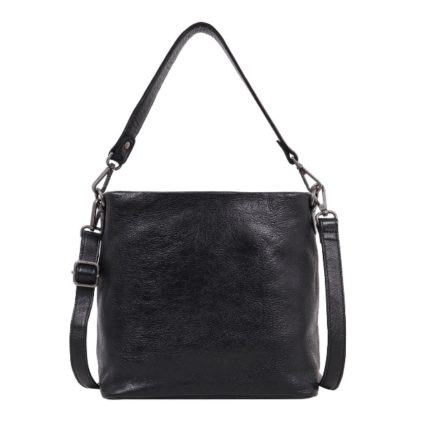 Black leather handbag with a shoulder strap on a white background