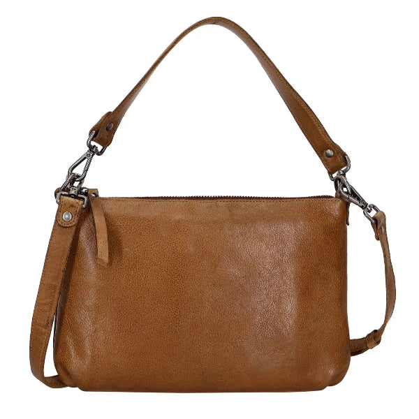 Brown leather handbag with a shoulder strap on a white background