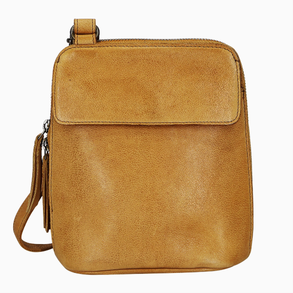 Brown leather crossbody bag on a white background