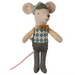 A plush toy mouse dressed in vintage clothing, featuring a beige body, gray trousers, a blue and beige argyle vest, a brown bow tie, and a green cap, set against a plain white background.