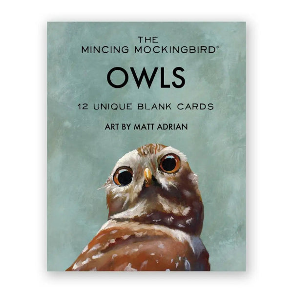 The Mincing Mockingbird 'Owls' card deck box cover, featuring a painted owl illustration on a textured teal background with black text.