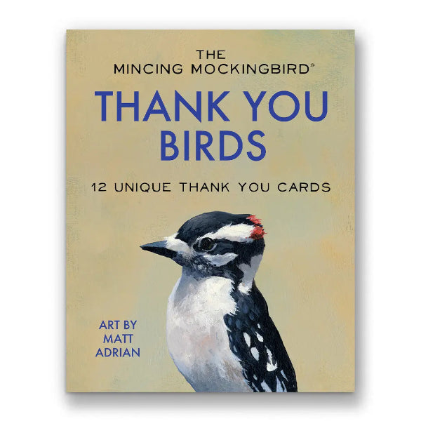 The Mincing Mockingbird 'Thank You Birds' card set, featuring a beige background with blue text and an illustration of a woodpecker by Matt Adrian.