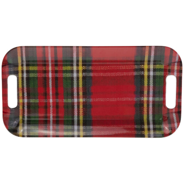 Plaid patterned tray with handles on a white background