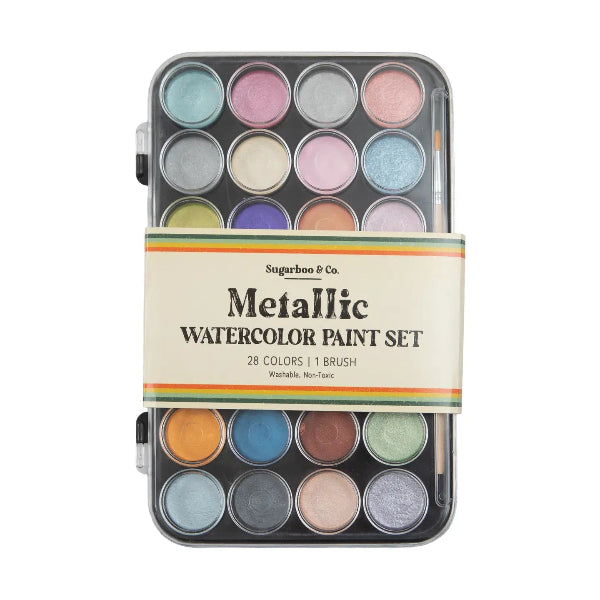 Metallic watercolor paint set with 28 colors and a brush, branded 'Sugarboo & Co'.